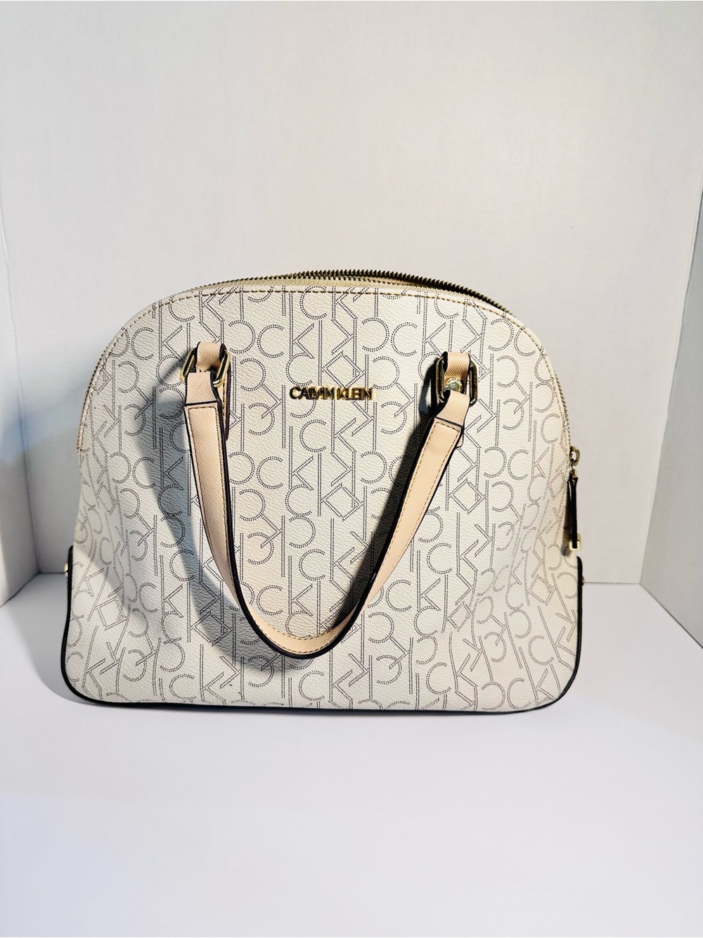Calvin Klein Ivory Logo Dome Satchel with Gold Hardware